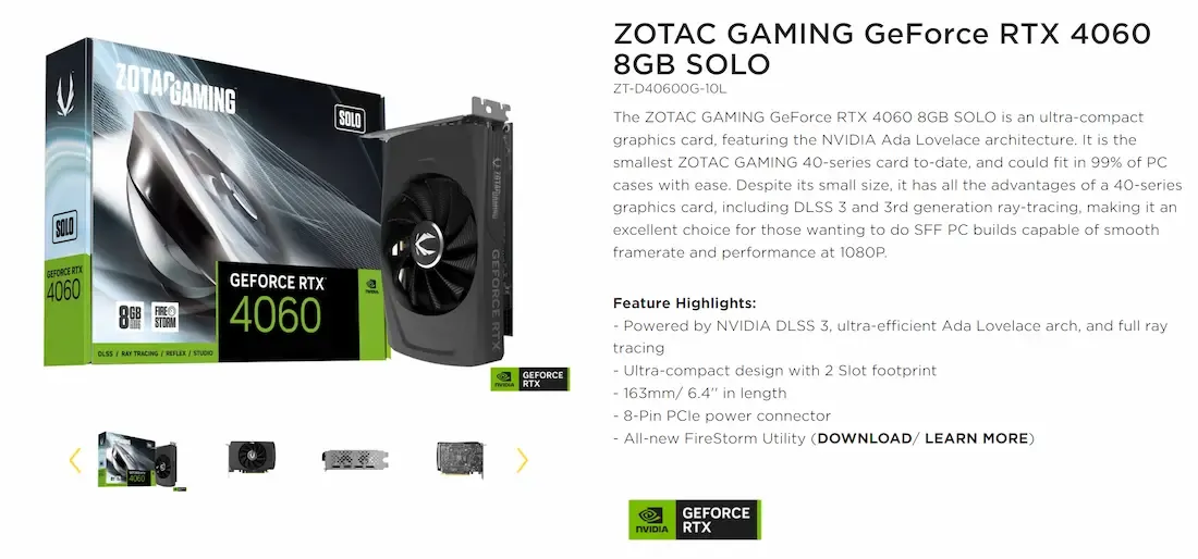 ZOTAC GAMING GeForce RTX 4060 8GB SOLO ZT-D40600G-10L
